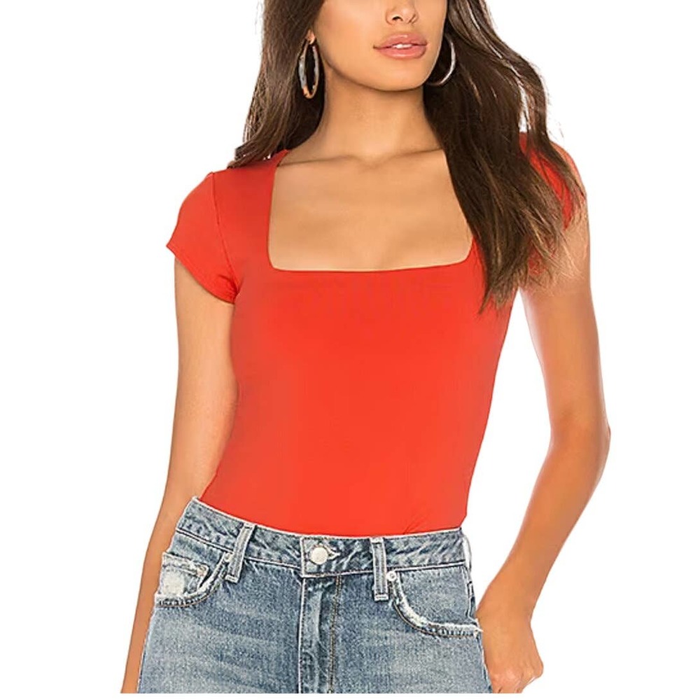 Free People Red Square Neck Short Sleeve Bodysuit